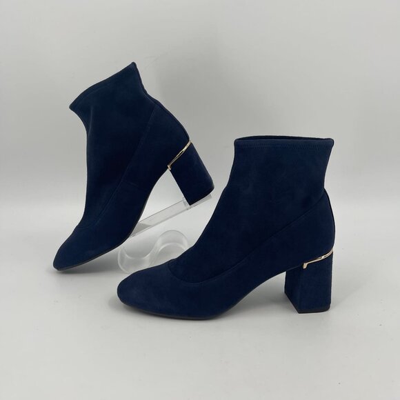 Cole Haan Blue Suede Stretch Booties | Almond Toe, Block Heel - Picture 8 of 9